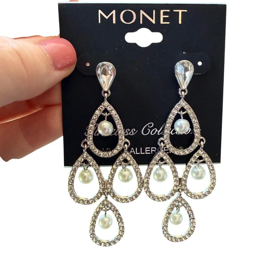 Vintage Monet Crystal Faux Pearl Chandelier Earrings Sample One of a Kind 3